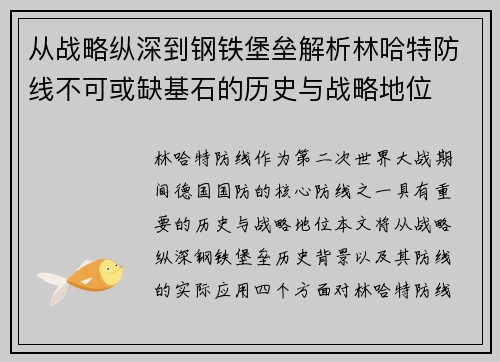 从战略纵深到钢铁堡垒解析林哈特防线不可或缺基石的历史与战略地位 从战略纵深到钢铁堡垒解析林哈特防线不可或缺基石的历史与战略地位